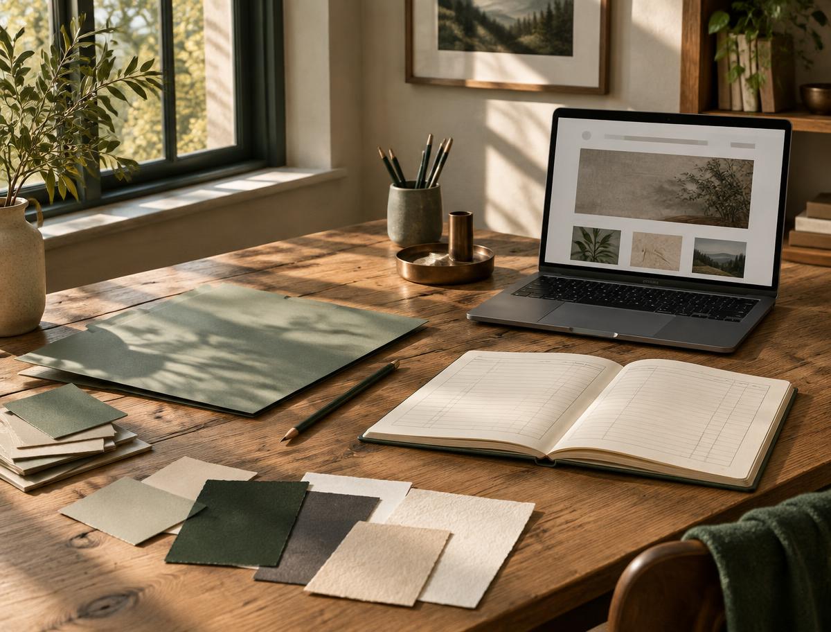 A warm workspace with a ledger, design materials and a laptop